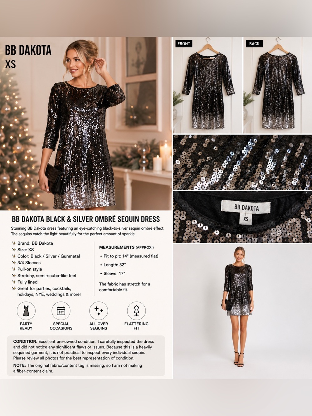 BB Dakota Sequin Dress XS Black Silver Ombre 3/4 Sleeve Stretch Party Cocktail